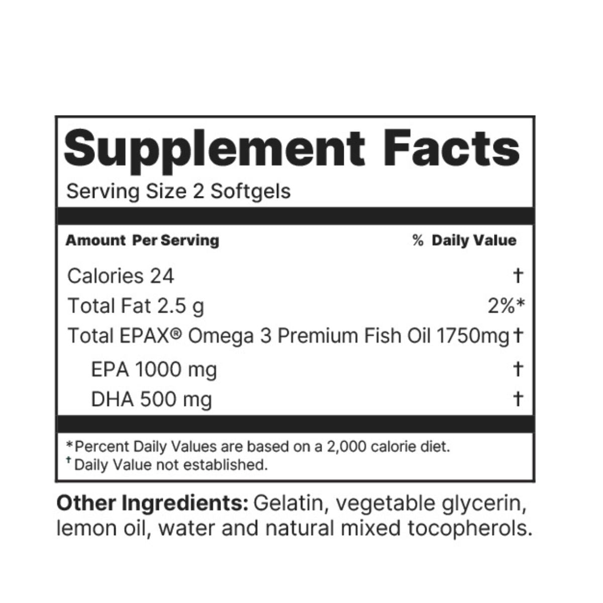 Supplement facts label for Omega 3 Premium Fish Oil